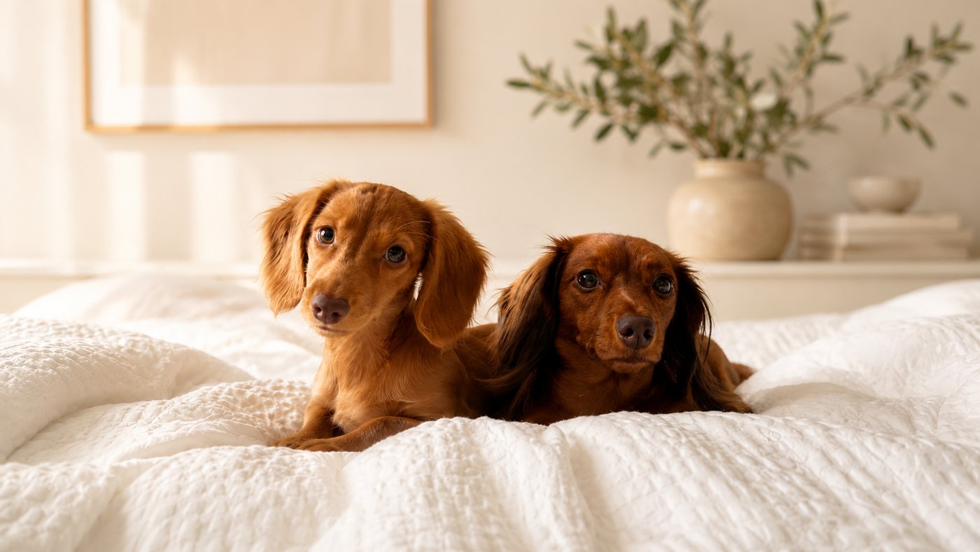 Nicole and Nora, two long-haired miniature dachshunds, resting together on a bed