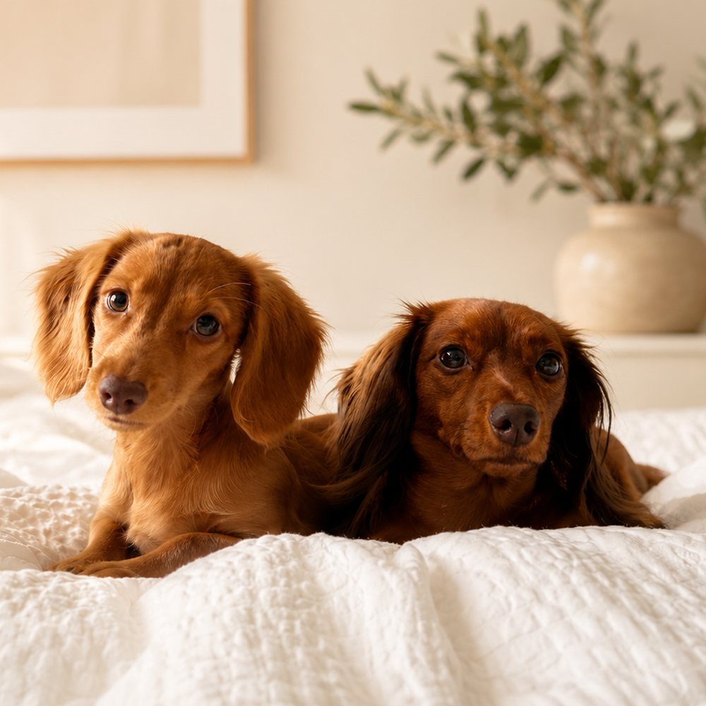 Nicole and Nora, two long-haired miniature dachshunds, lying together on a white bed