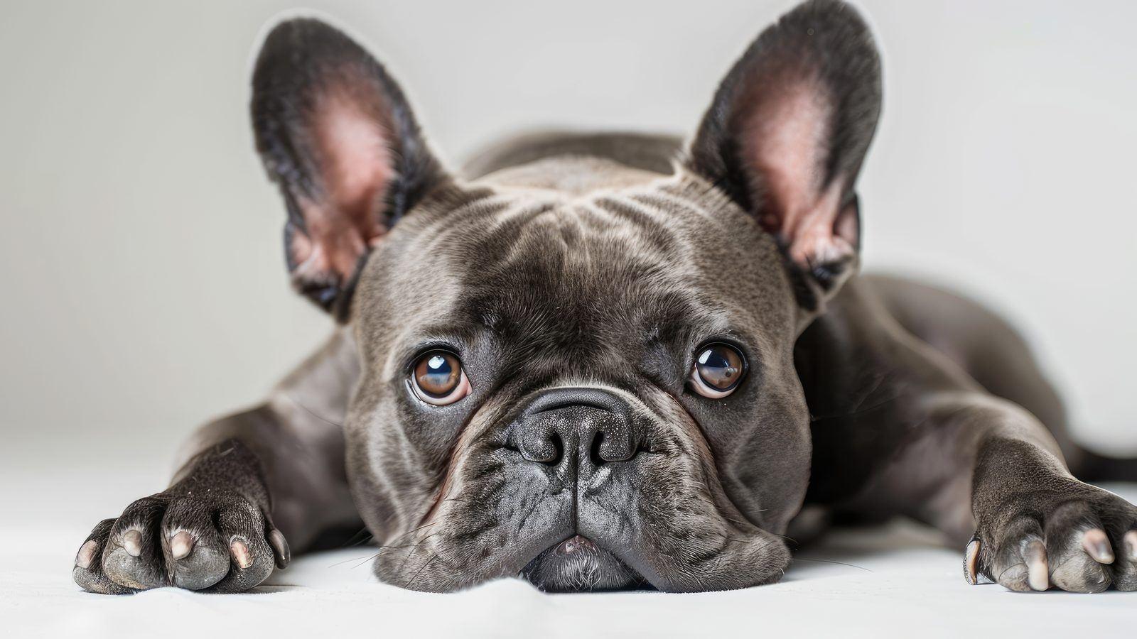 A grey French Bulldog lying down in a photo studio