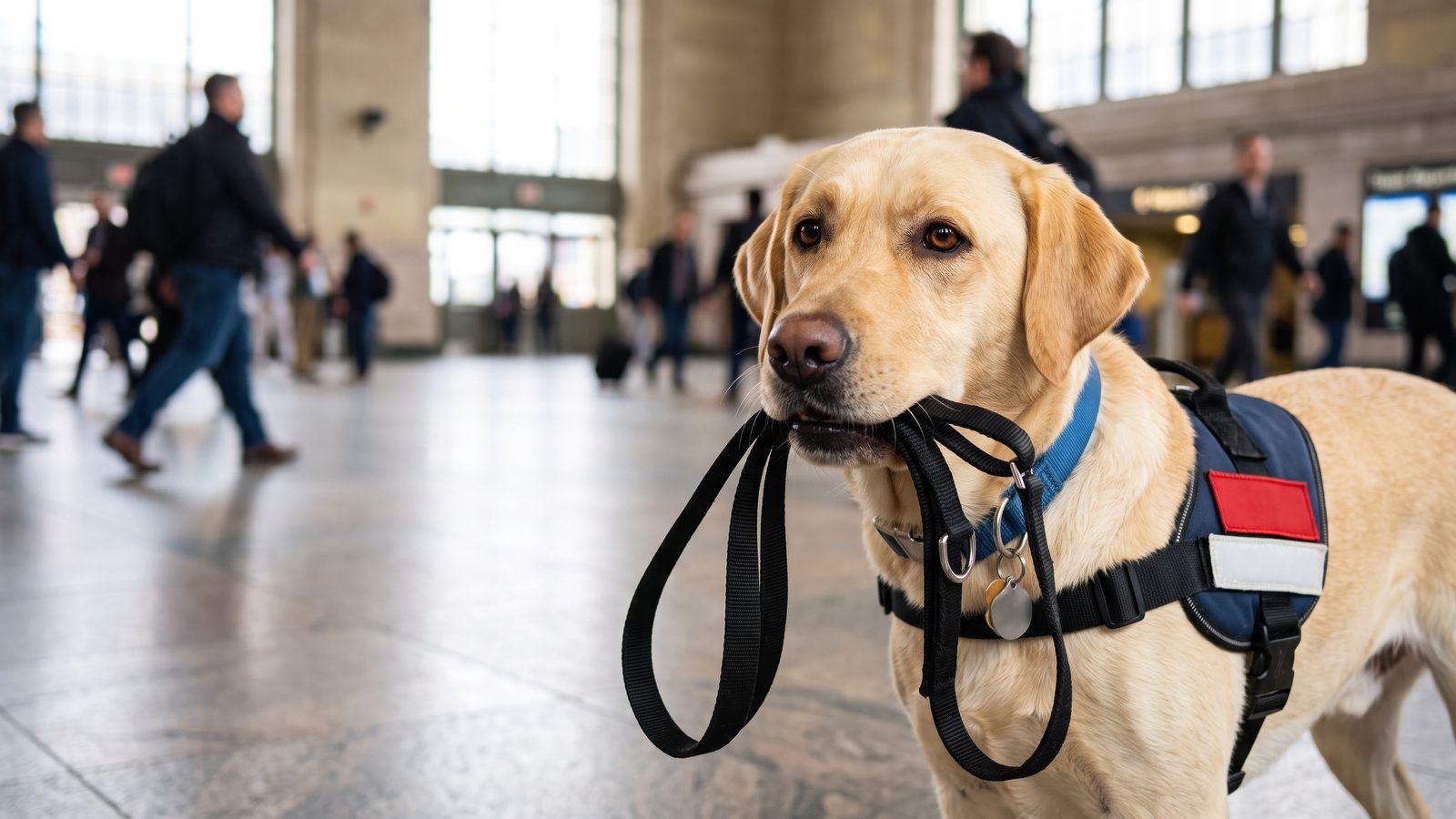 A yellow Labrador holding a lead in its mouth at a railway station