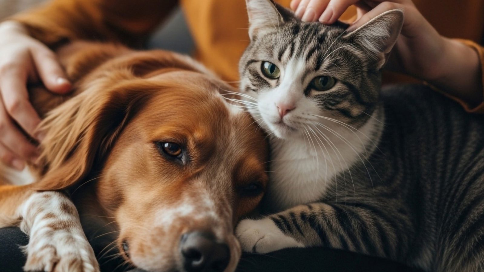 A sleepy dog resting its head on its owner's lap
