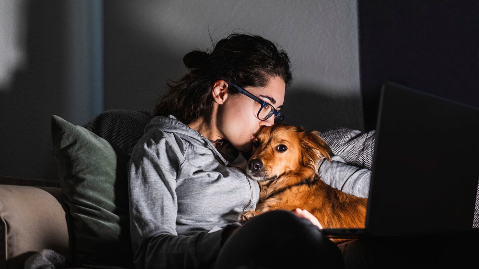 A person leaning in close to their dog as it rests on the couch