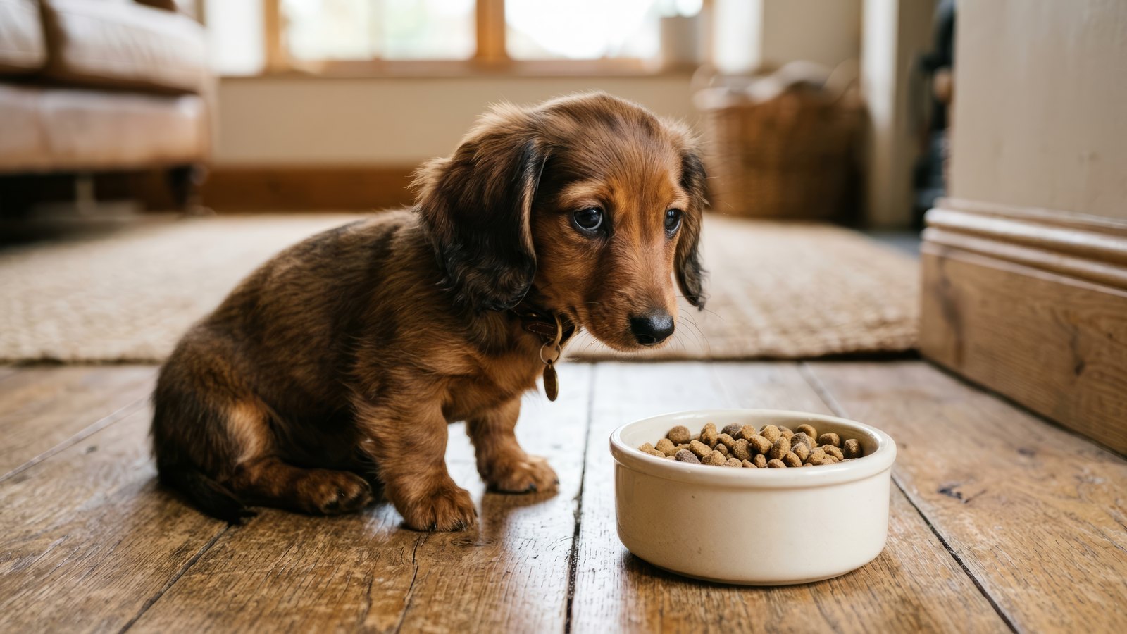 A miniature dachshund looking away from a full food bowl on the floor